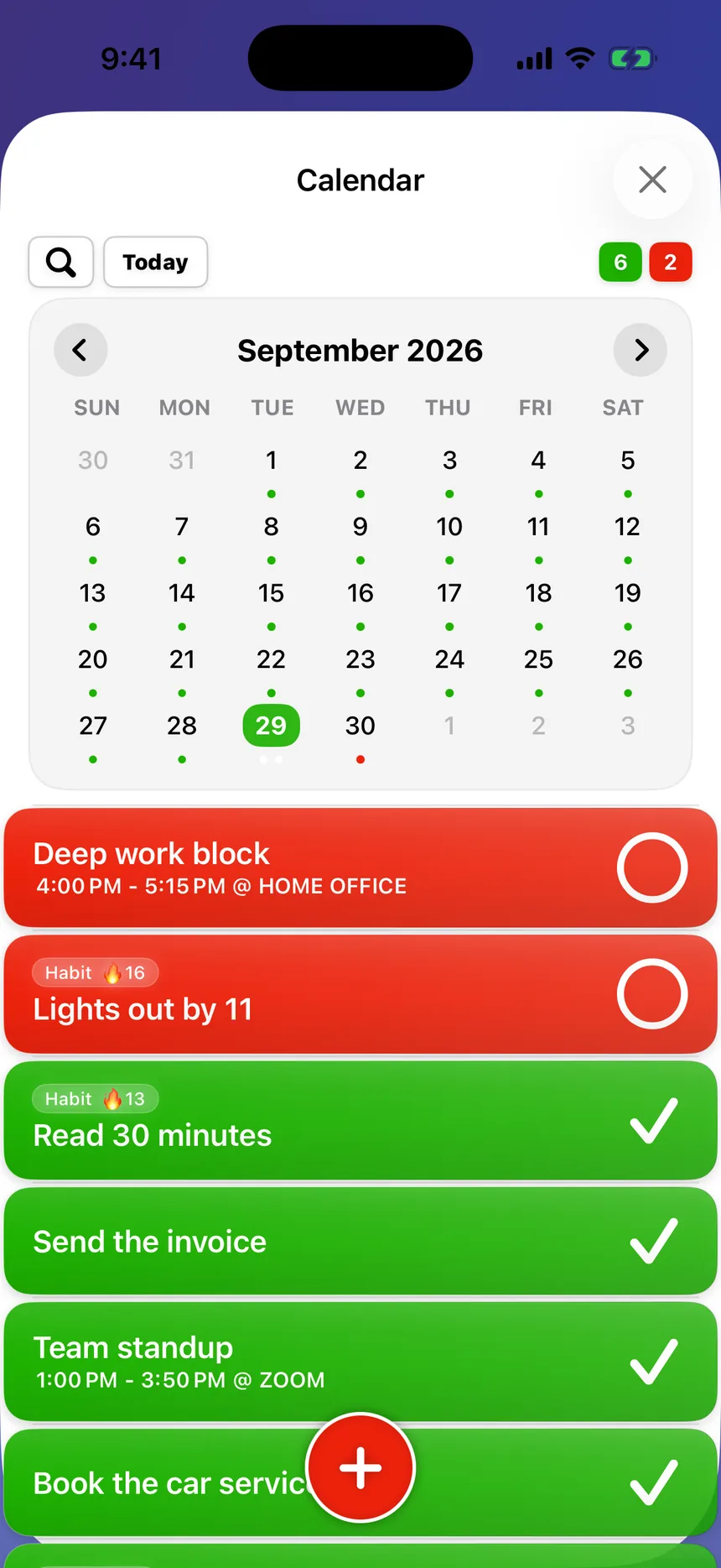 The TaskSocial calendar: a month of planned dates and completed days