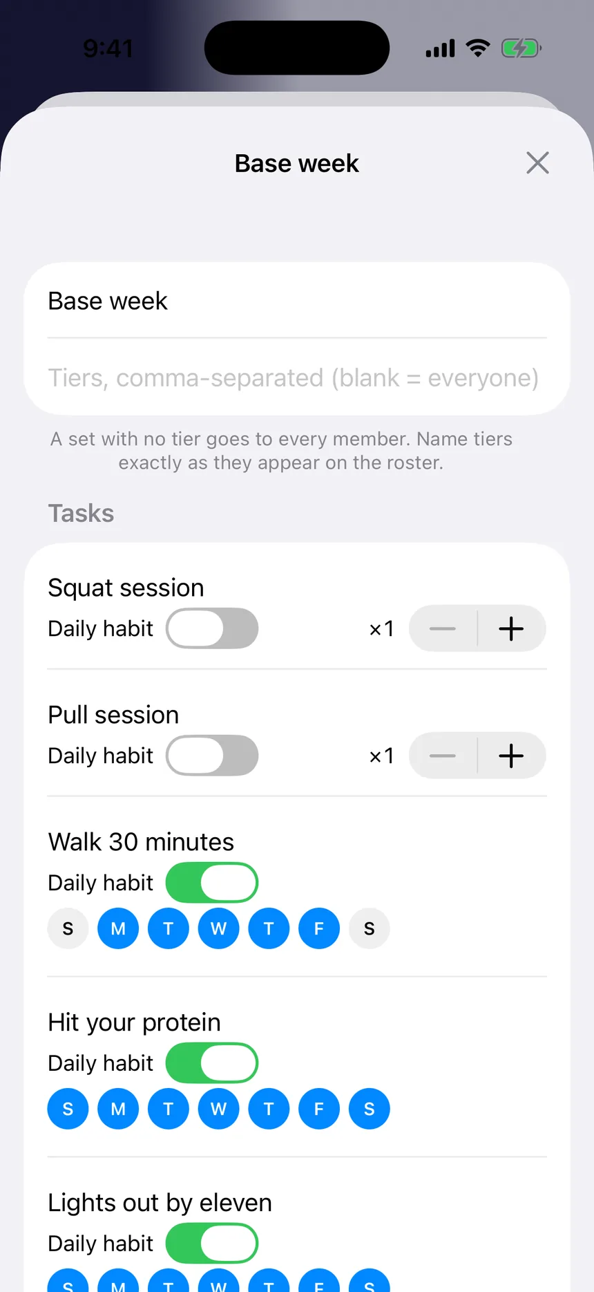 Building a task set: a week of sessions and daily habits, with the days each habit repeats