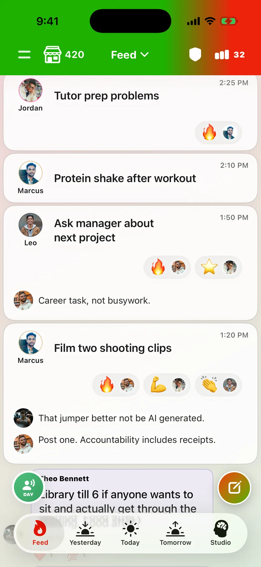 The TaskSocial feed showing friends' completed tasks with reactions and comments