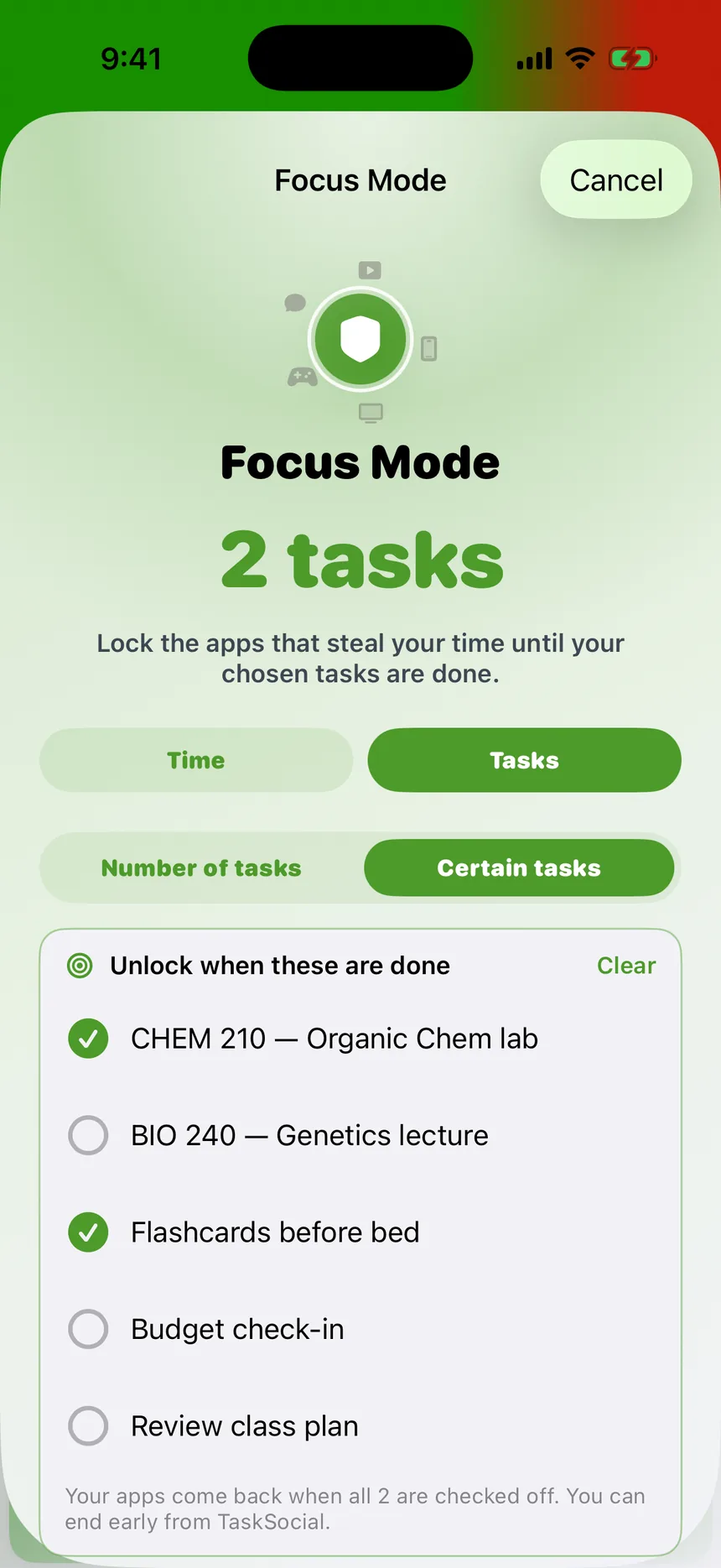 Focus Mode holding apps locked until two chosen tasks are done
