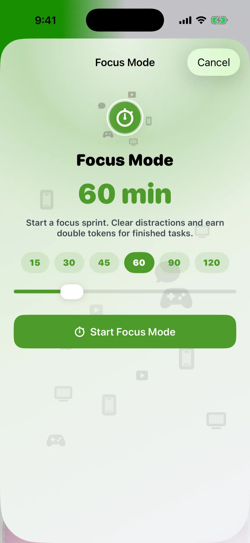 The Focus Mode screen set to a sixty minute sprint