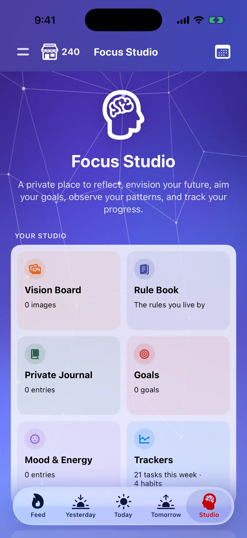 Focus Studio showing journal, vision board, goals and mood tracking