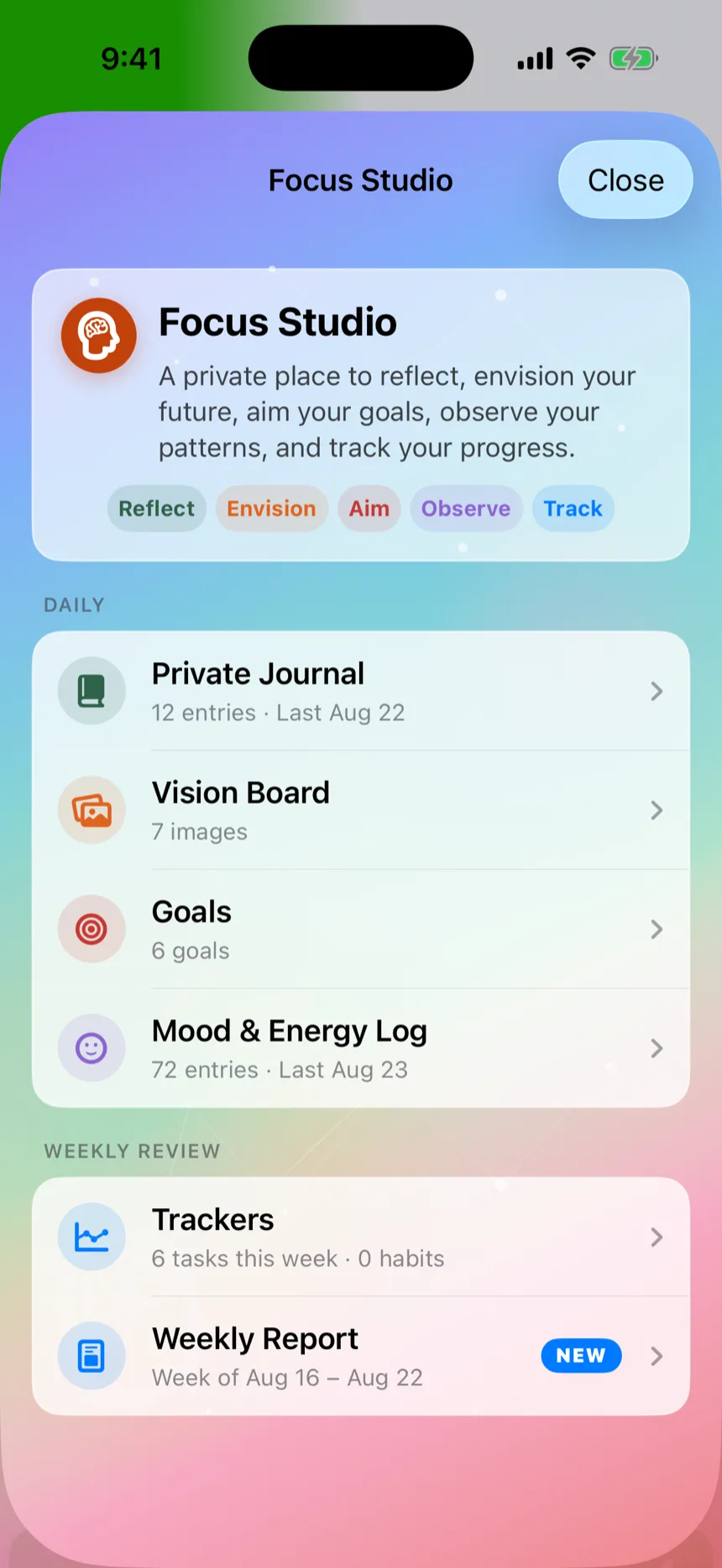 Focus Studio showing journal, vision board, goals and mood tracking