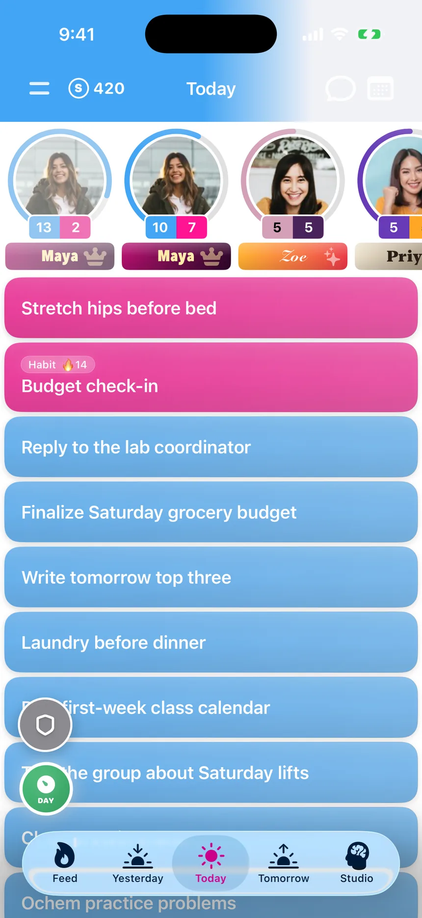 Past You showing last week's tasks beside today's