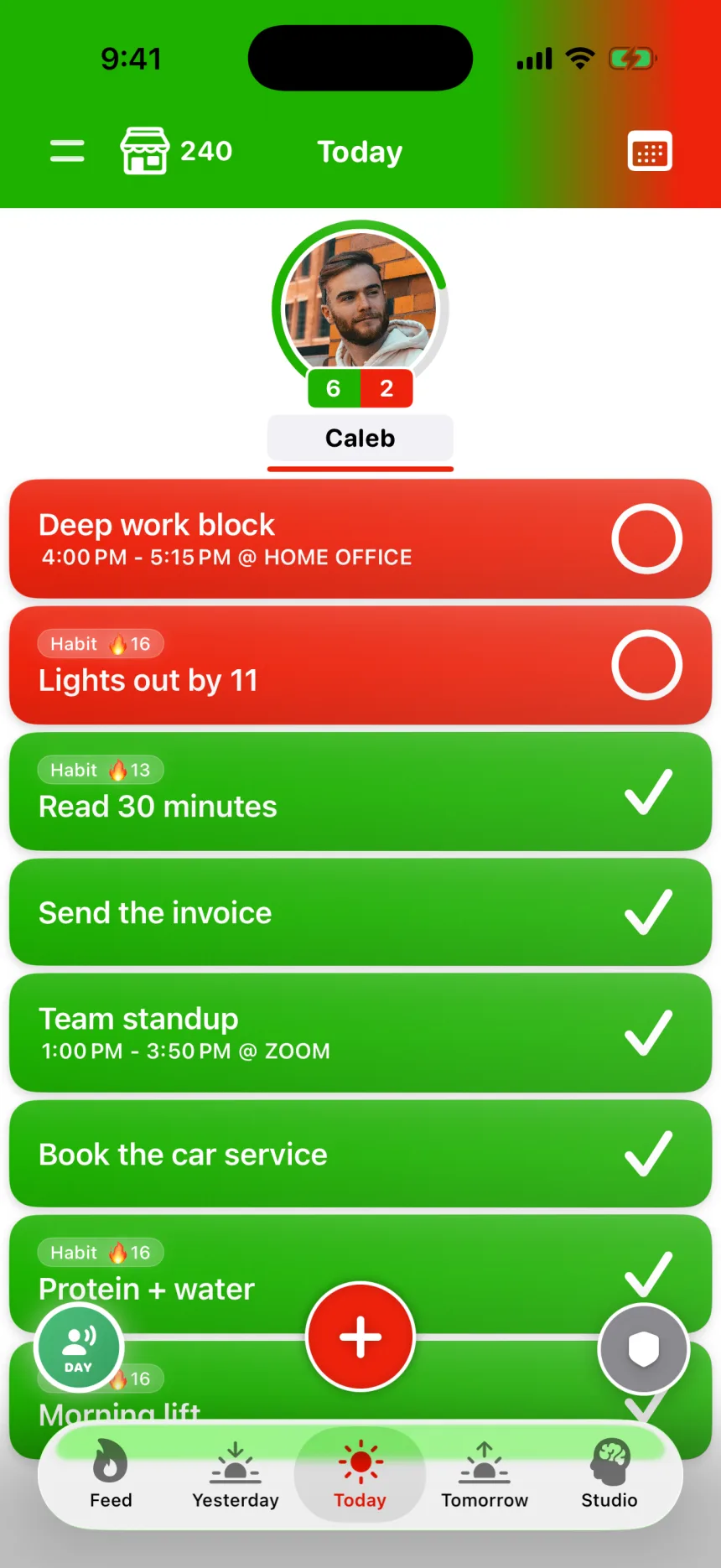 A day of tasks and habits in TaskSocial, used solo