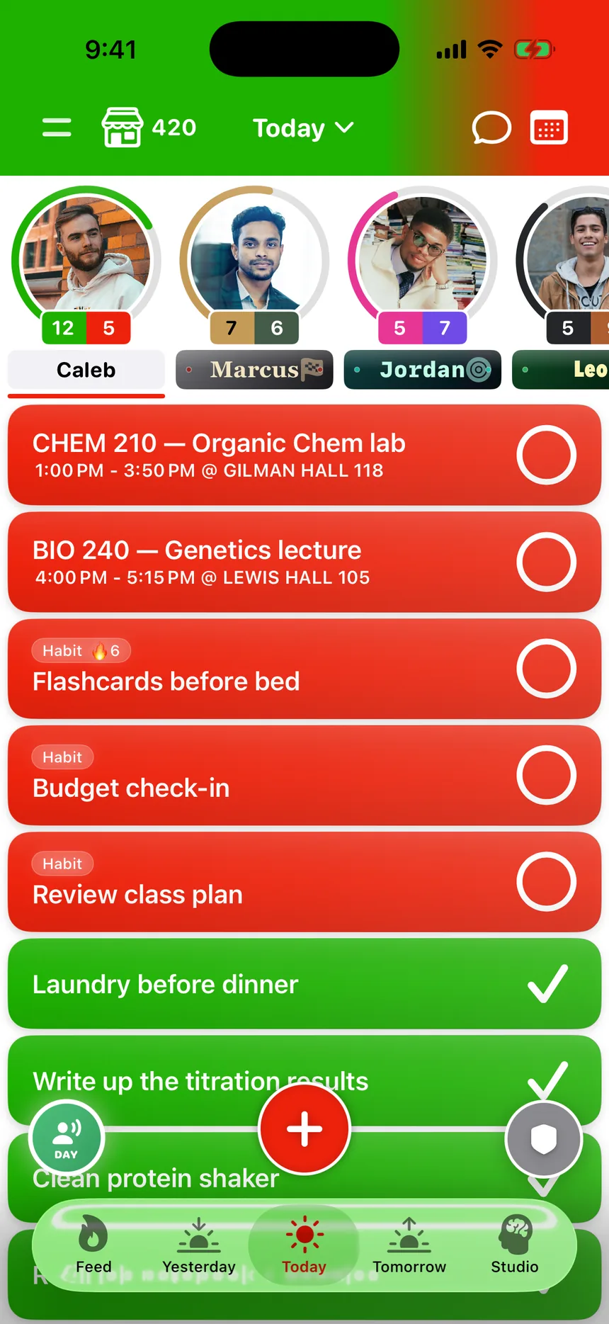 A personalised TaskSocial day with friends' nameplates and progress gauges across the top