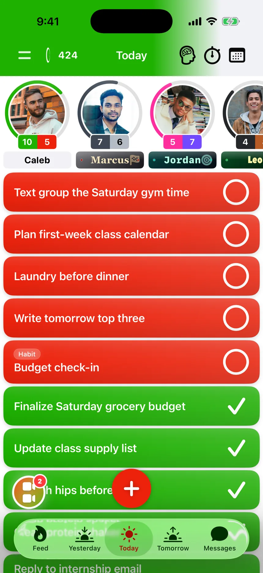 The TaskSocial Today screen showing a day of tasks and friends' progress